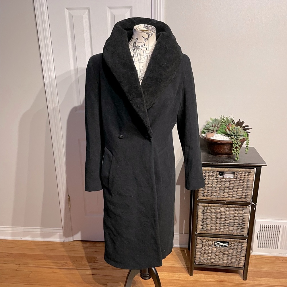 ☀️Calvin Klein Vintage Wool Cashmere GENUINE SHEEPEKIN Fur trim Cowl 1-Button 8